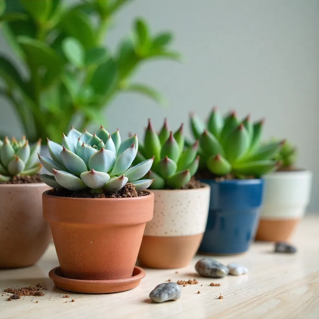 Colorful Succulent Array in Small Pots: Textures and Hues