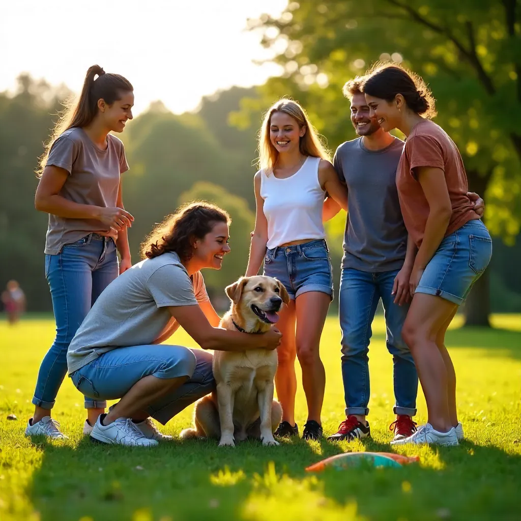 Joyful Friends and Dog Sharing a Moment Outdoors