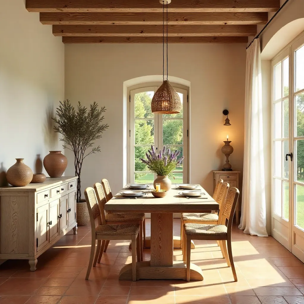 Inviting Provencal Dining Room with Natural Wood and Soft Lighting