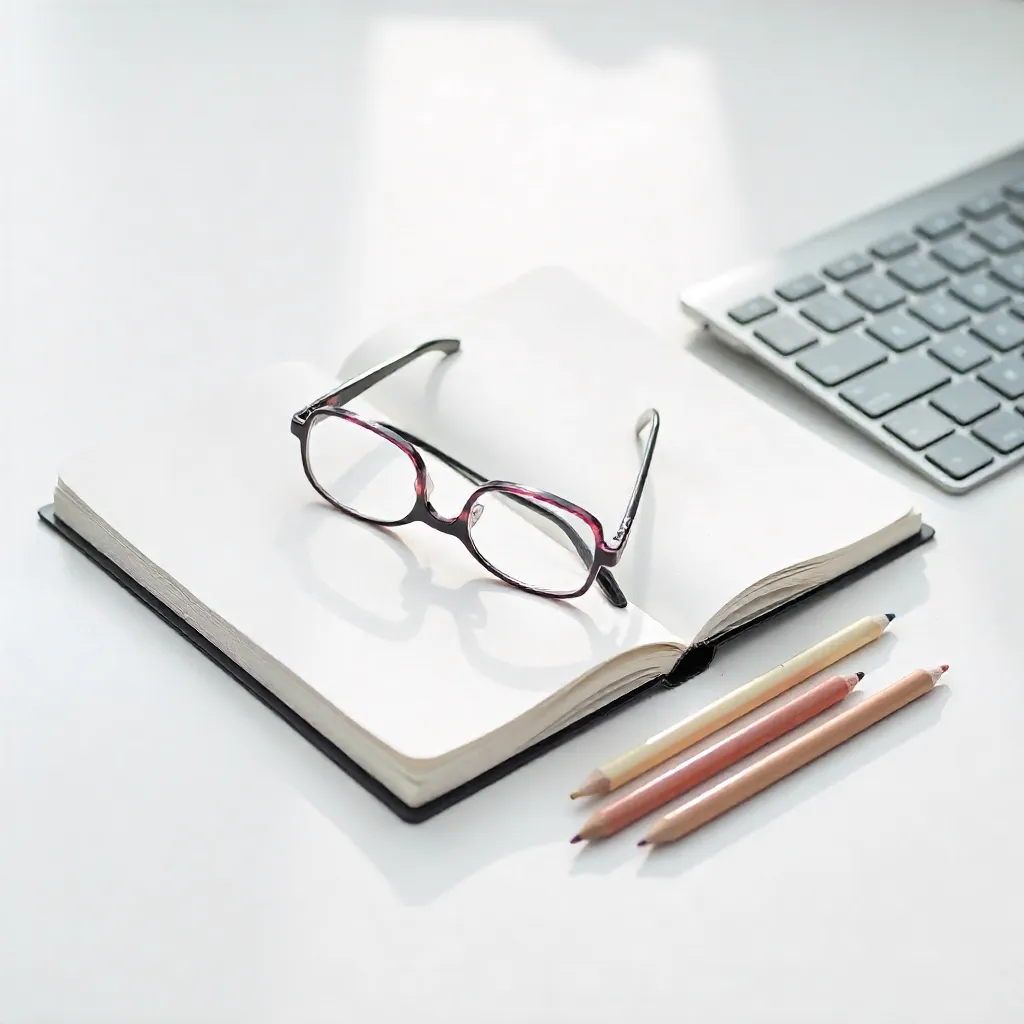 Minimalist White Office Desk with Glasses and Notebook