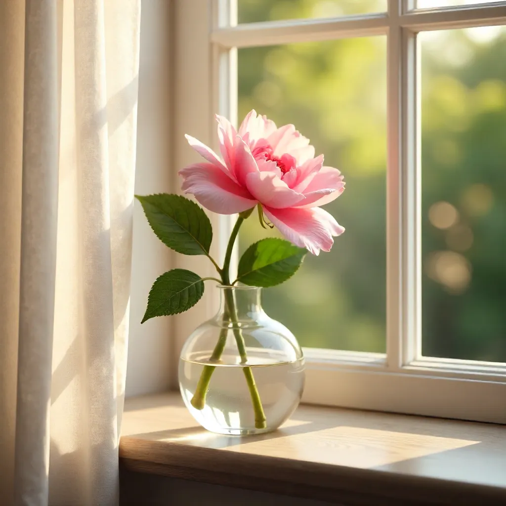 Elegant Pink Blossom on a Sunlit Windowsill