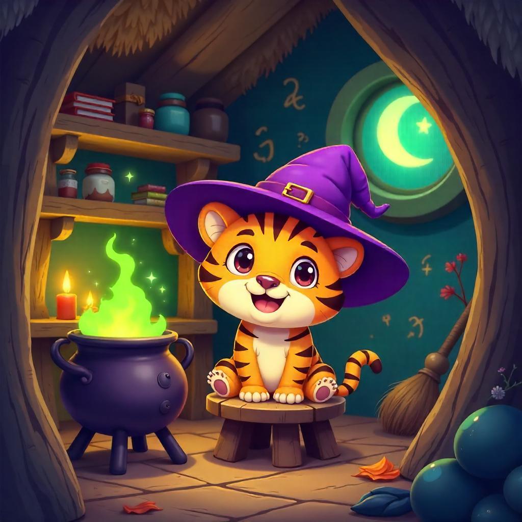 Cartoon Tiger in a Witch Hut