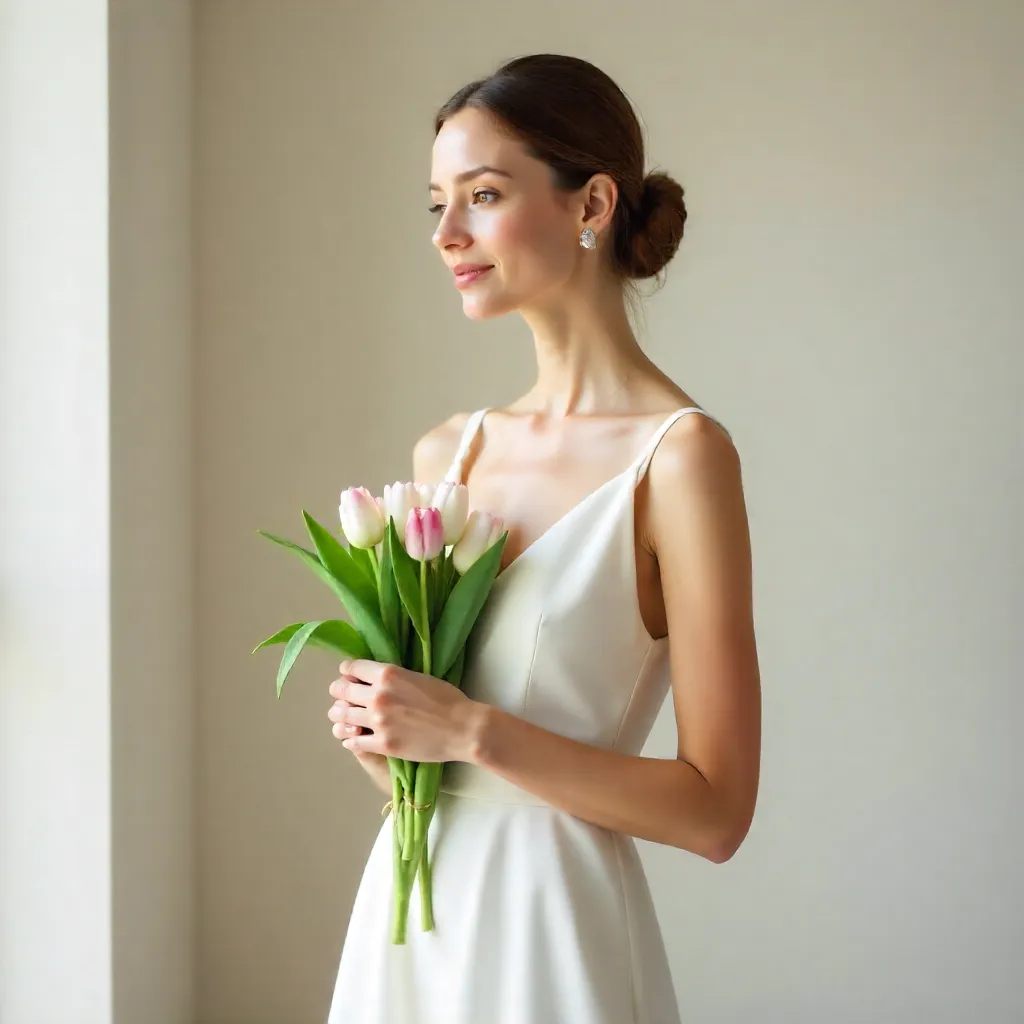 Minimalist Elegance: Woman in White with Tulips