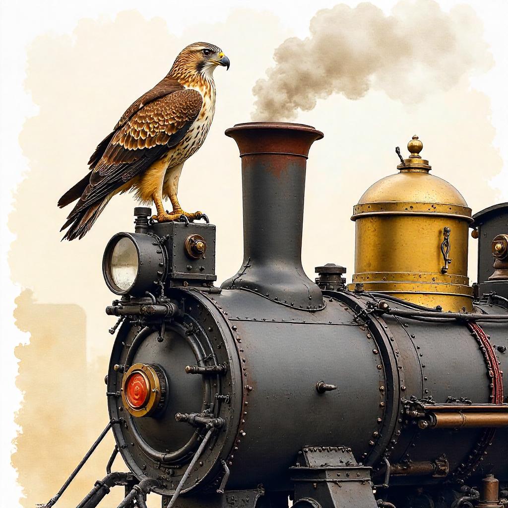 Hawk in a Steam Engine: A Watercolor Encounter