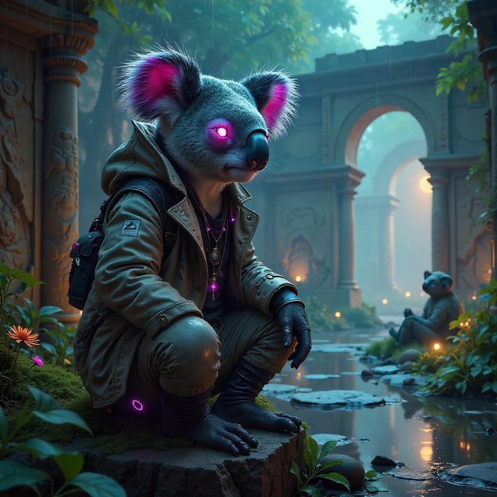 Cyberpunk Koala Among Ancient Ruins