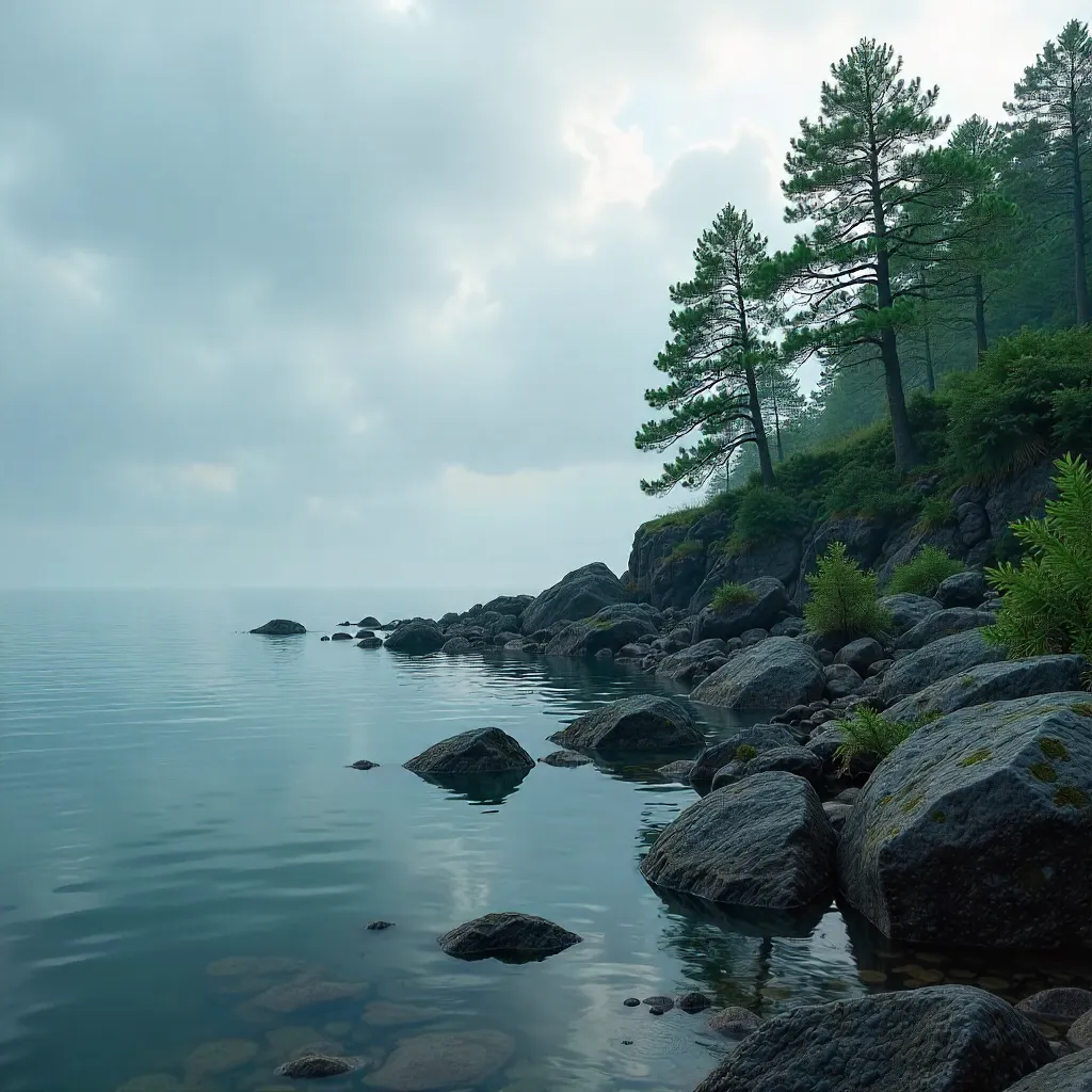 Tranquil rocky shoreline beneath cloudy skies