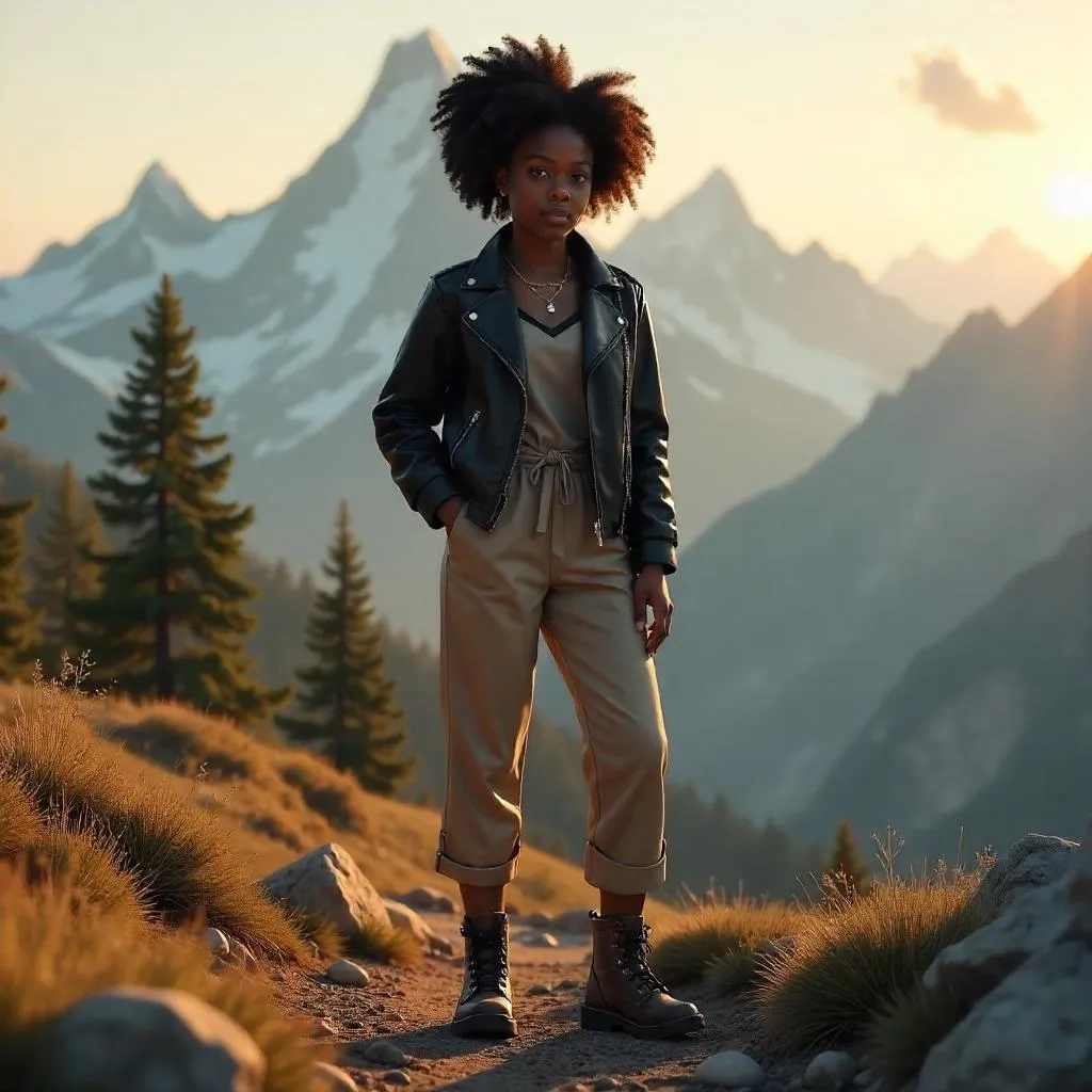 3D-Rendered Stylish Black Girl in Mountain Landscape
