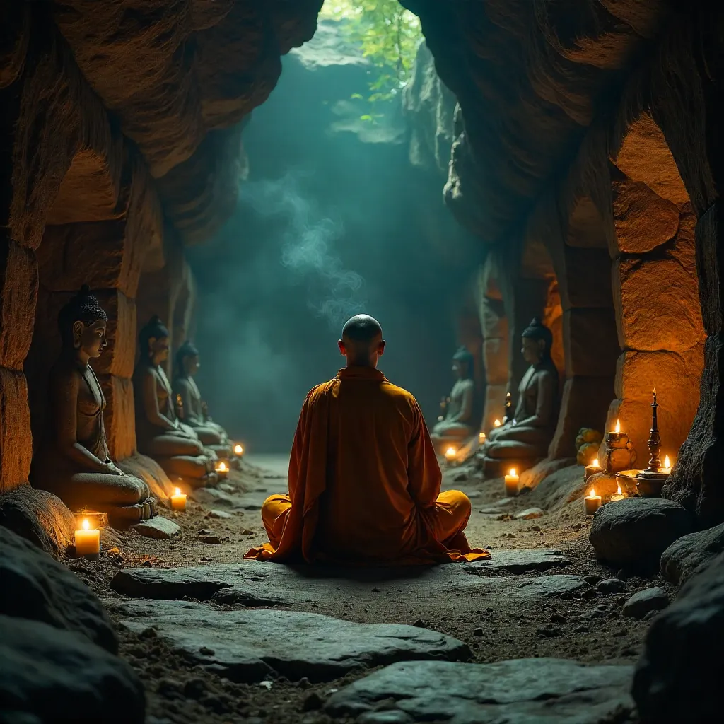 Monk Meditates in a Candlelit Cave Temple