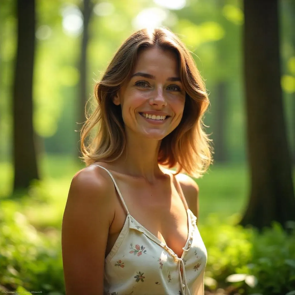 Cheerful White Woman in a Sunlit Forest