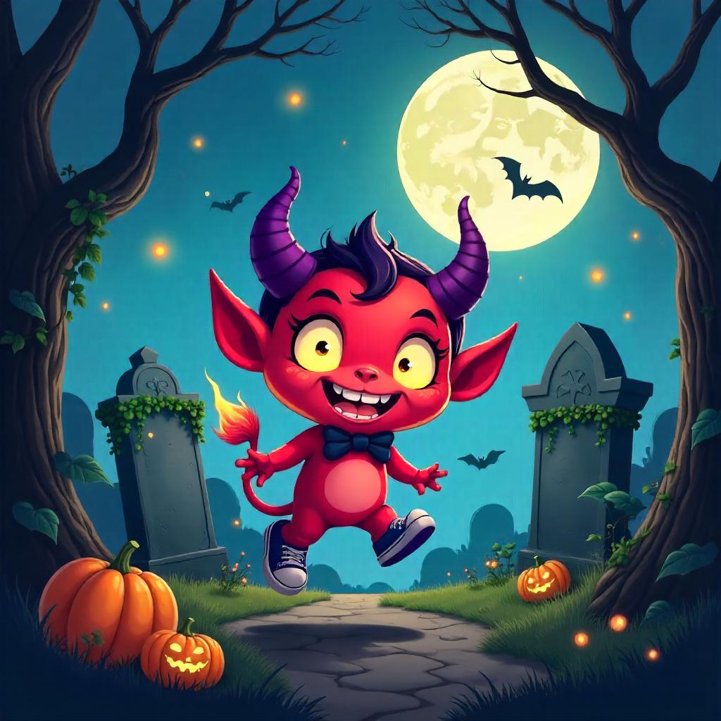 Cartoon Demon in a Moonlit Graveyard