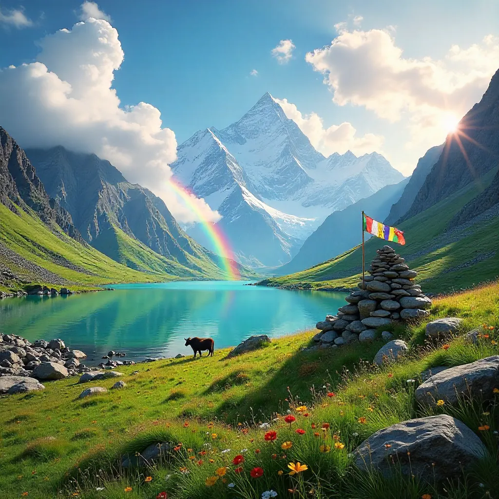 Rainbow Over Lush Tibetan Mountains in China