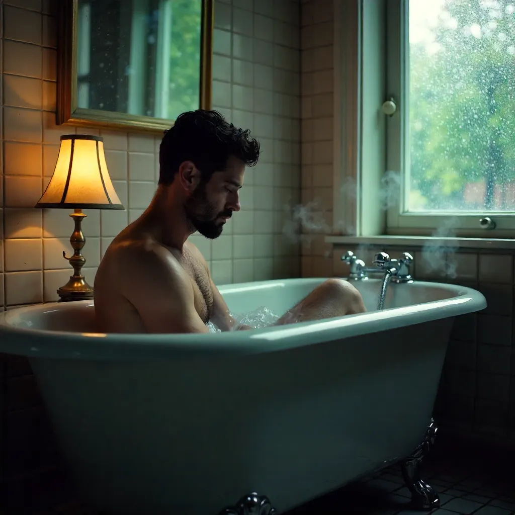 Introspective Bath by Lamplight in Dim Atmosphere