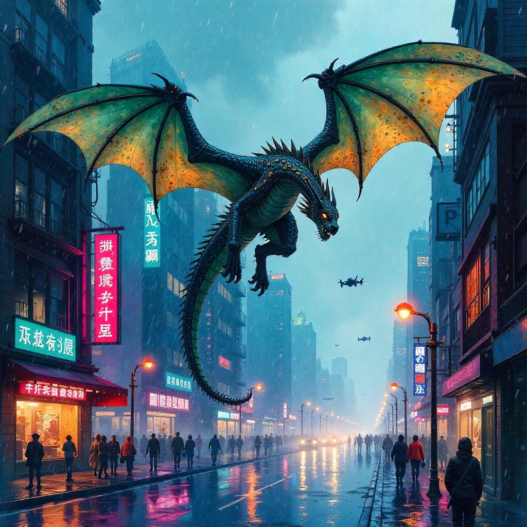 Neon Watercolor Dragon Over Cyberpunk City