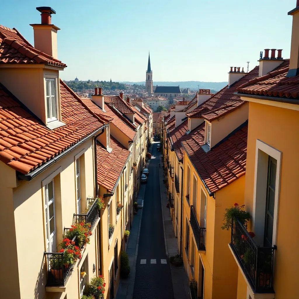 Aerial View of Orange-Tiled European Rooftops