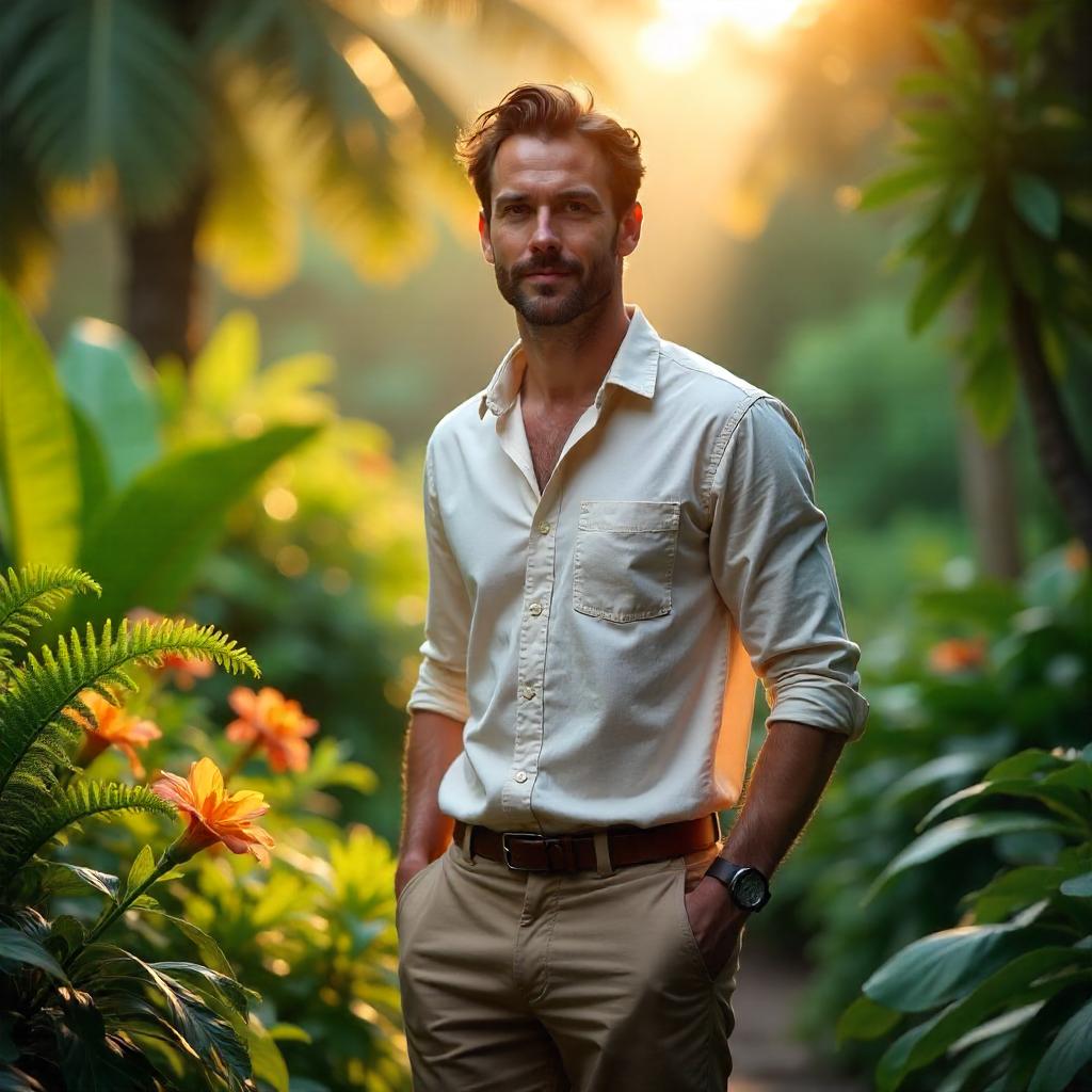 Handsome Man in a Lush Botanical Garden