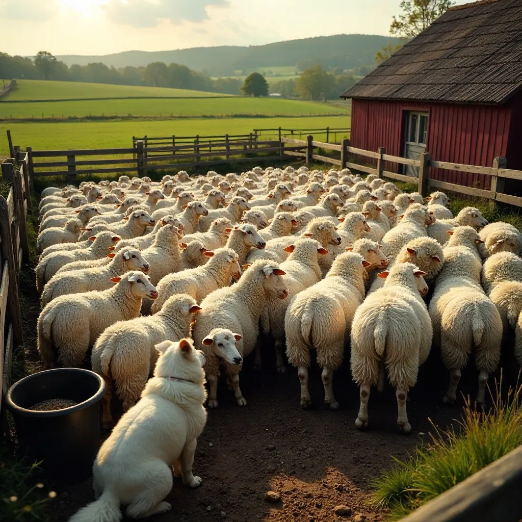 Dense Flock in a Rural Sheep Farming Enclosure