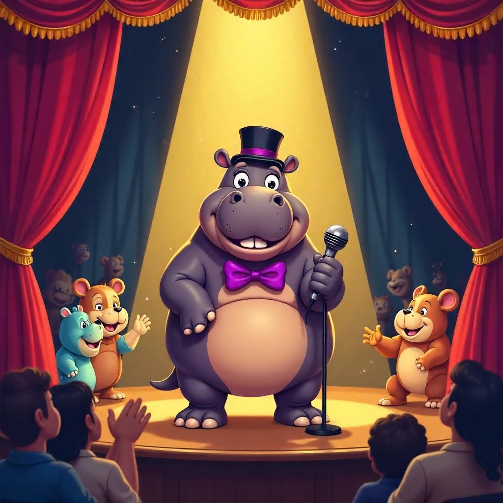 Cartoon Hippo on a Theatrical Stage