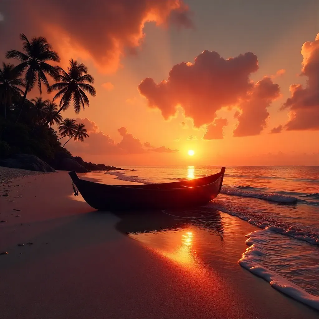 Silhouetted Boat at an Orange Sunset Beach