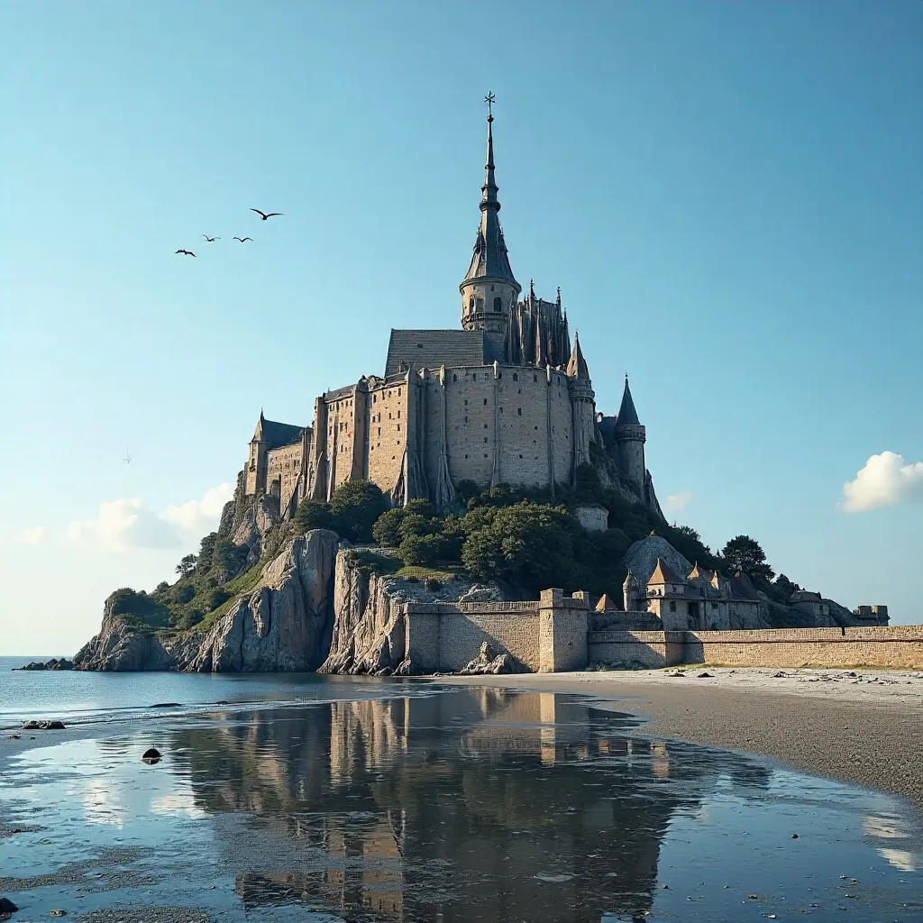 Mont Saint-Michel Abbey under a Clear Normandy Sky