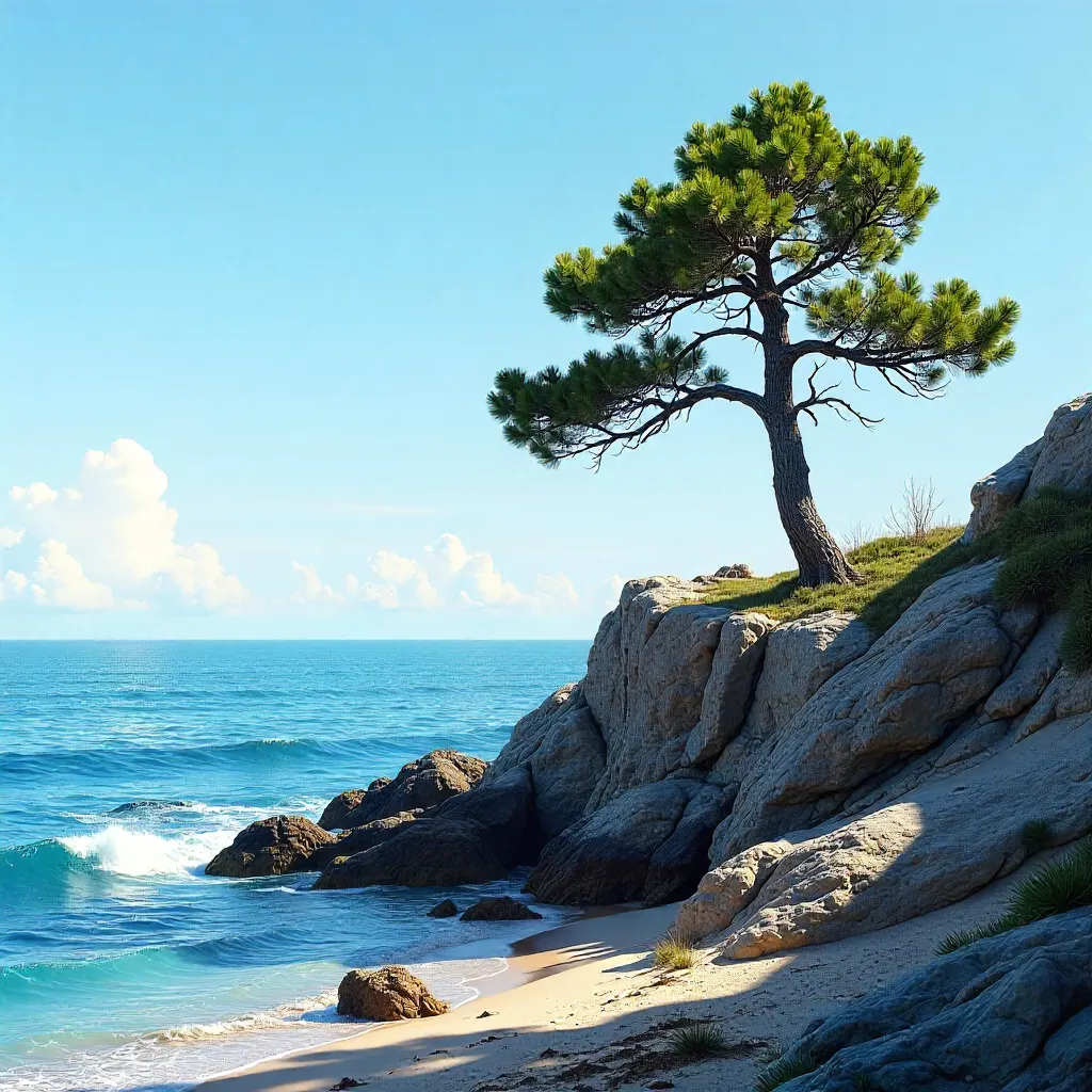 Lone Pine on a Rocky Seashore Under a Clear Blue Sky
