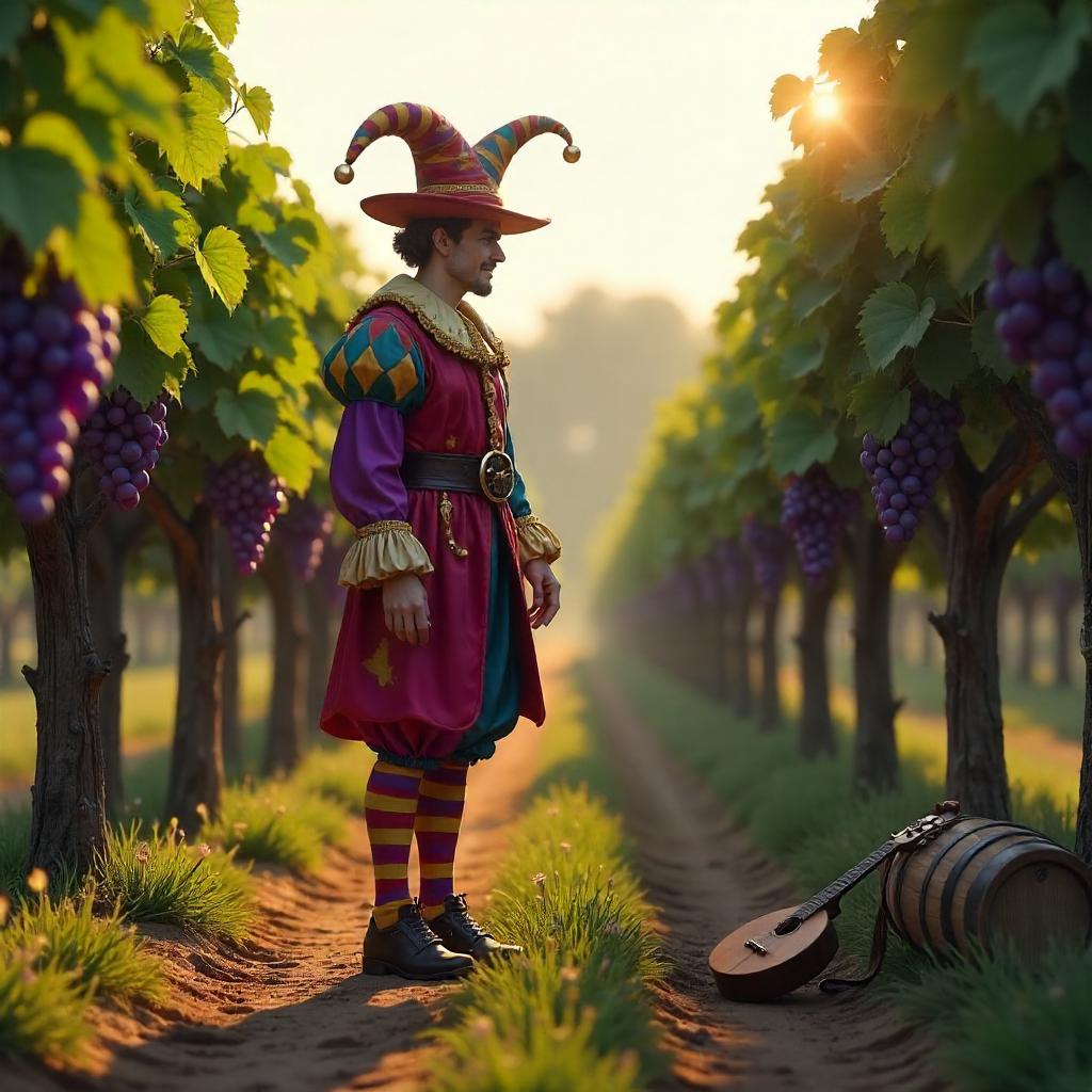Jester in a Luminous Vineyard: A 3D Render