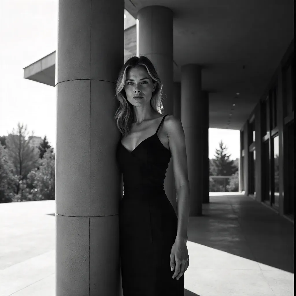 Monochrome Portrait: Woman in Black Dress by a Modern Column