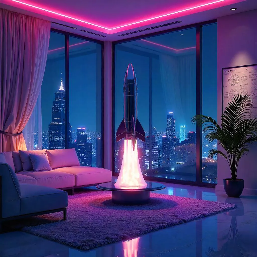 Neon Rocket in a Cyberpunk Penthouse