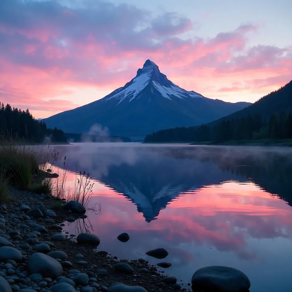 Pink-Purple Dusk Mountain Silhouette on a Calm River