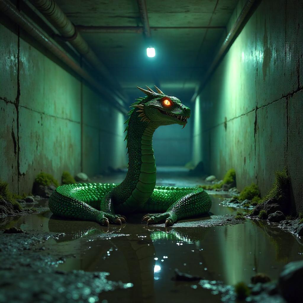 Basement Basilisk: Photoreal 3D Render in Damp Concrete Vault