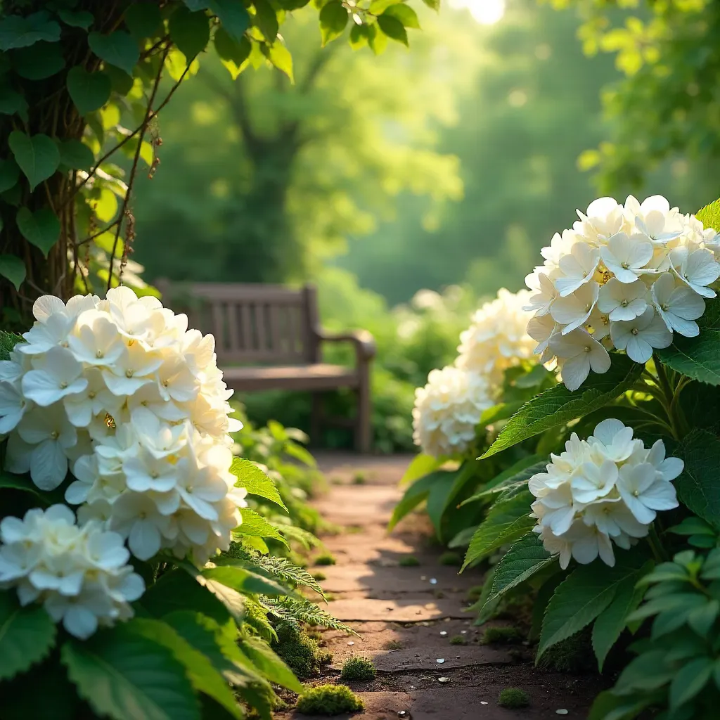 White Hydrangeas in a Lush Botanical Garden
