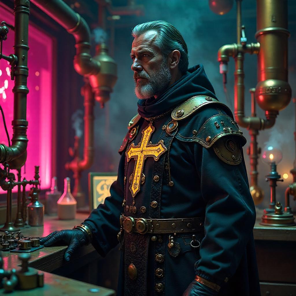 Brass Lab Priest in Neon Cyberpunk Reverie