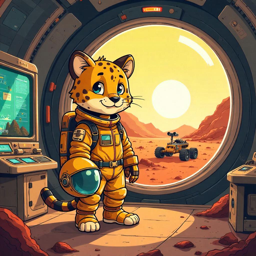 Playful Cartoon Leopard at a Mars Base Habitat