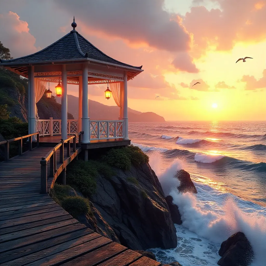 Sunset Gazebo Over Waves on Coastal Cliff