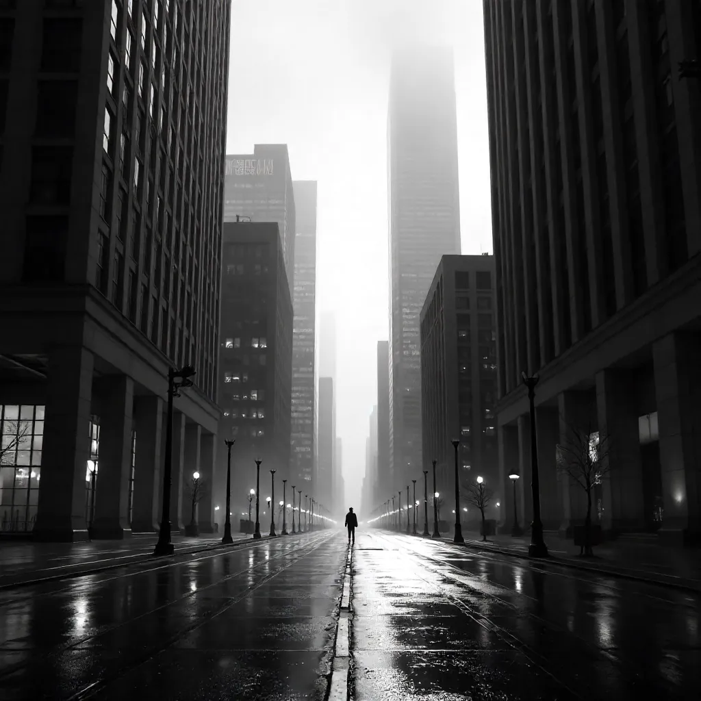 Silent Monochrome Cityscape with Empty Streets