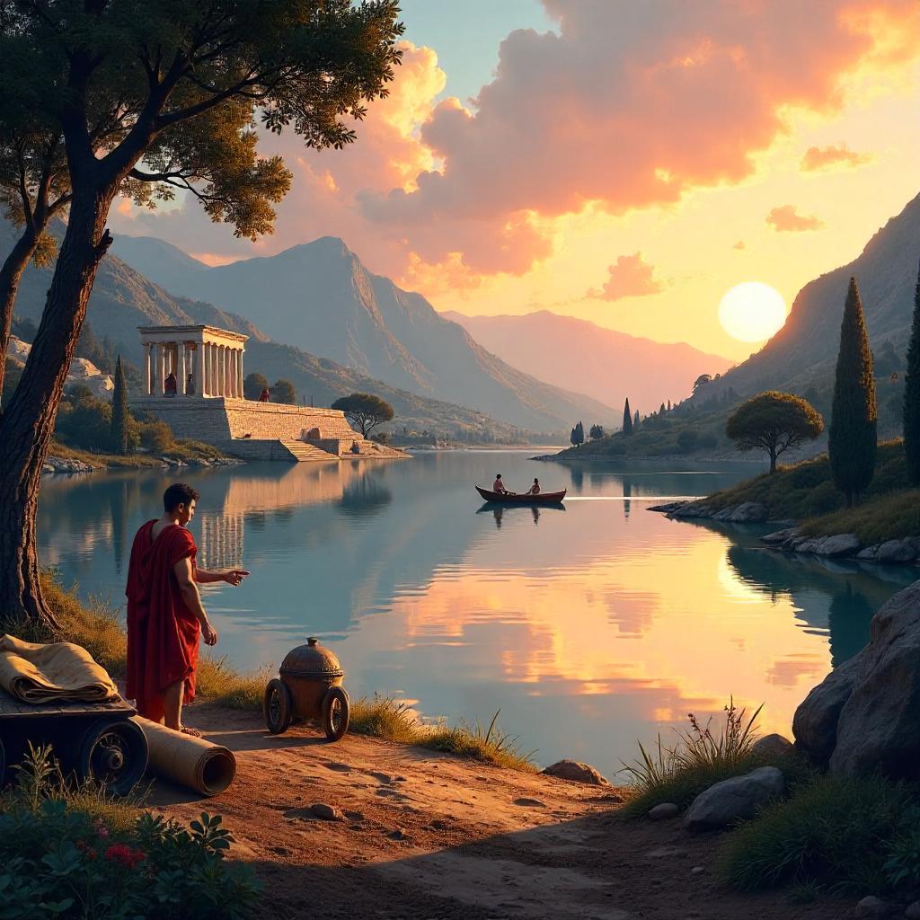 Ancient Rome Lakeside Concept Art at Dusk