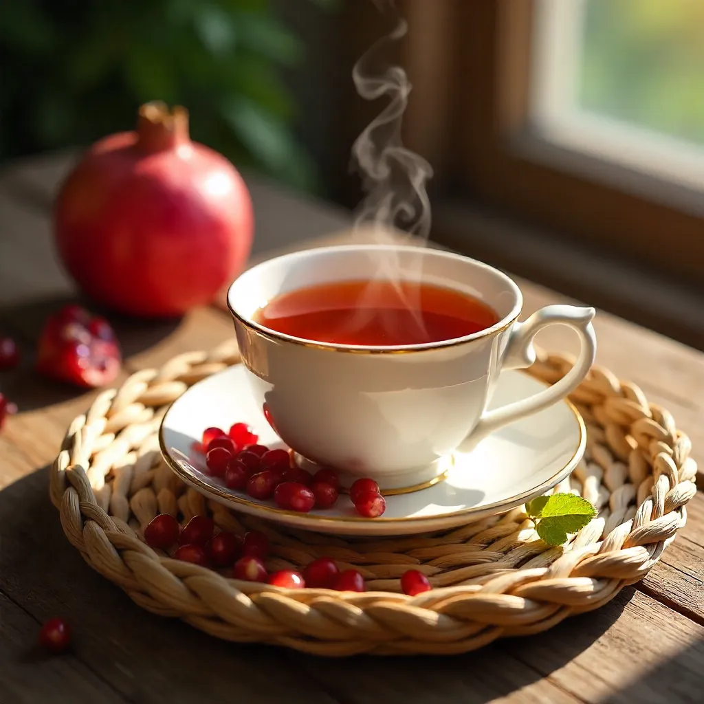 Warm Cup of Pomegranate Tea on a Wicker Basket
