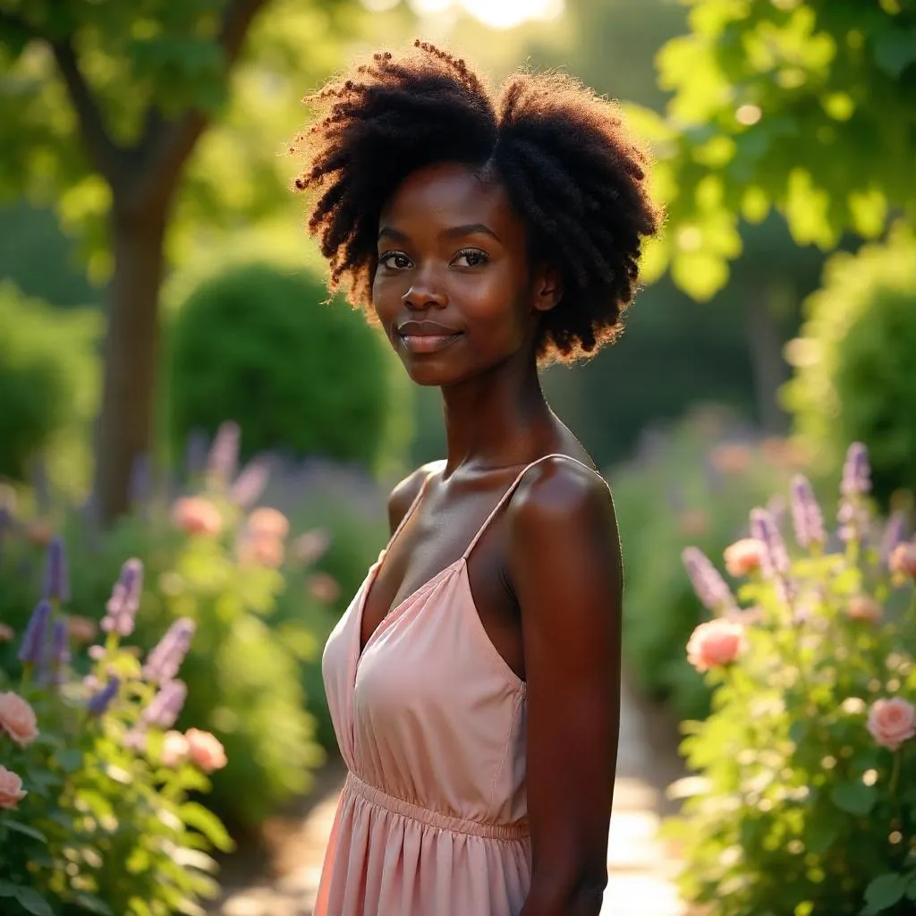 Garden Glow: Photorealistic Portrait of a Young Black Woman