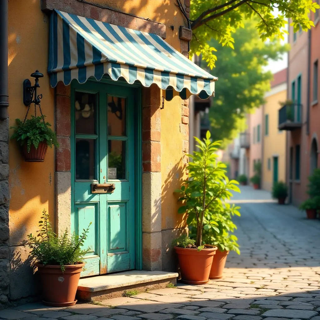 Sunny Rustic Doorway with Striped Awning