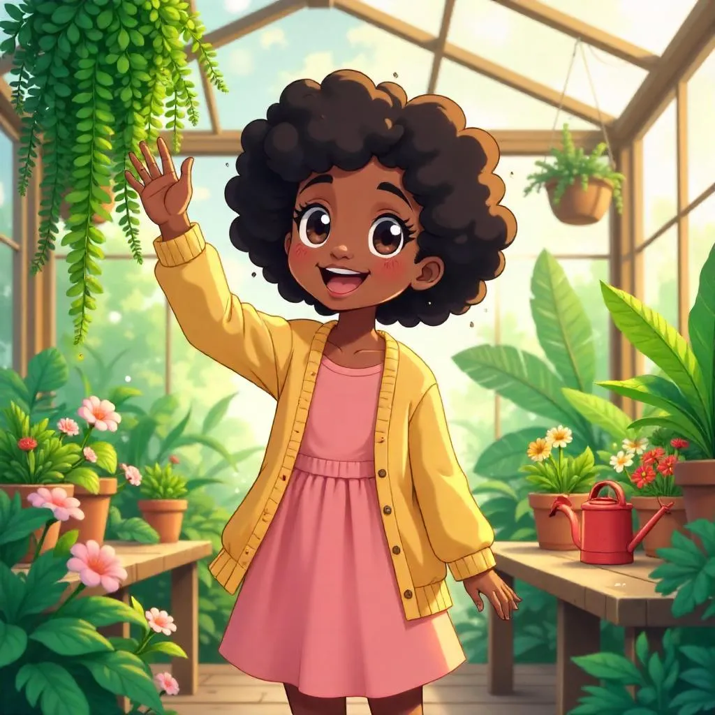 Cheerful Black Girl in a Lush Greenhouse