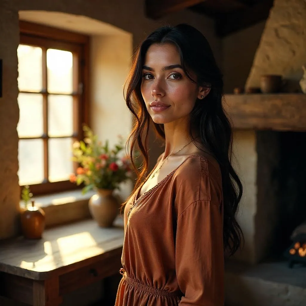 Photorealistic Portrait of a Middle Eastern Woman in a Cozy Cottage