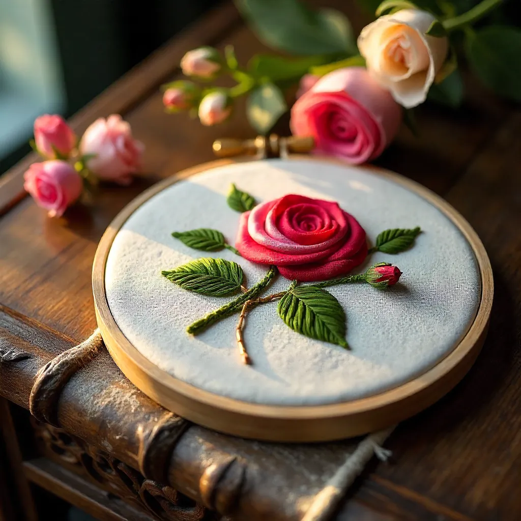 Close-Up Rose Embroidery on Carved Wooden Table