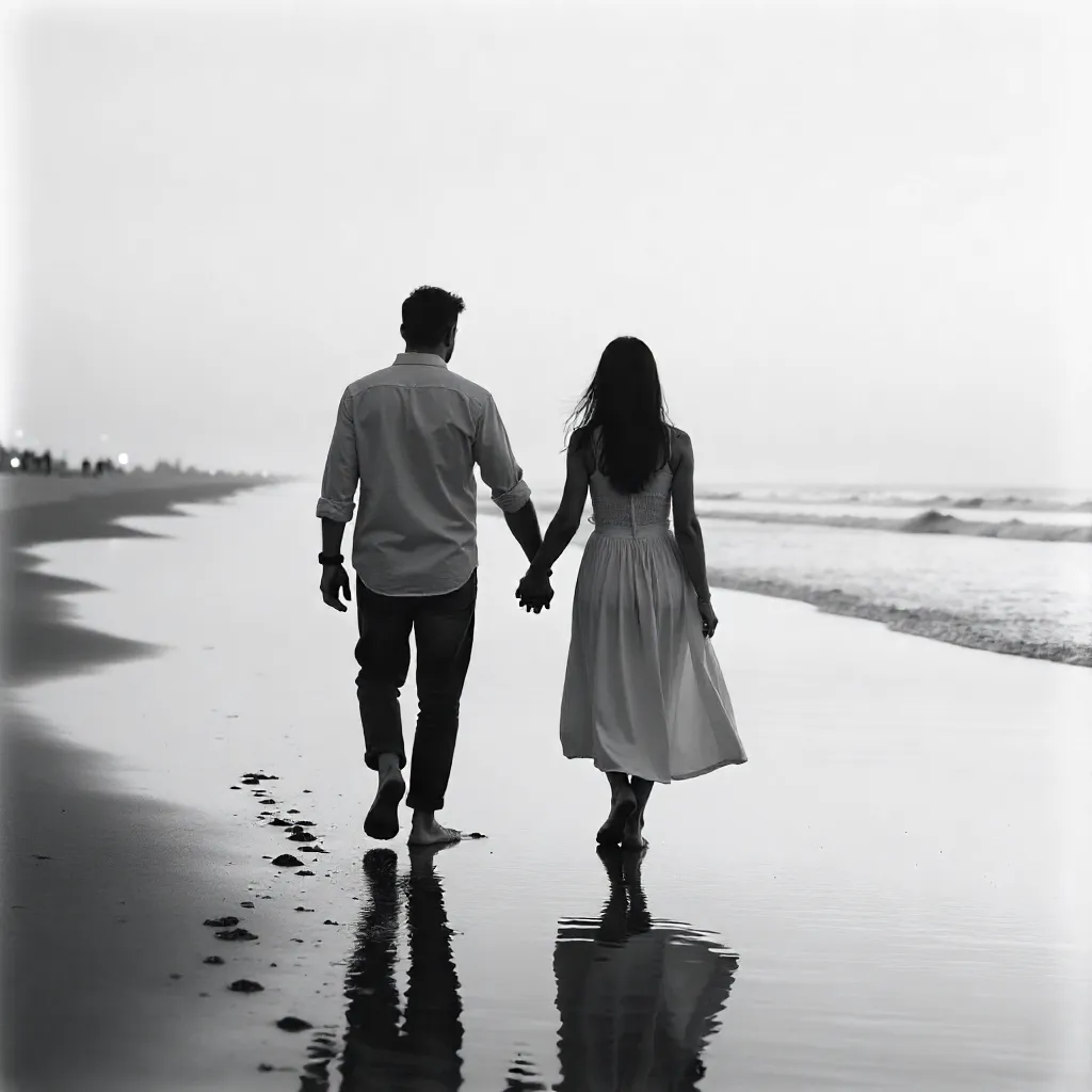 Two Hands on a Serene Beach in Black and White