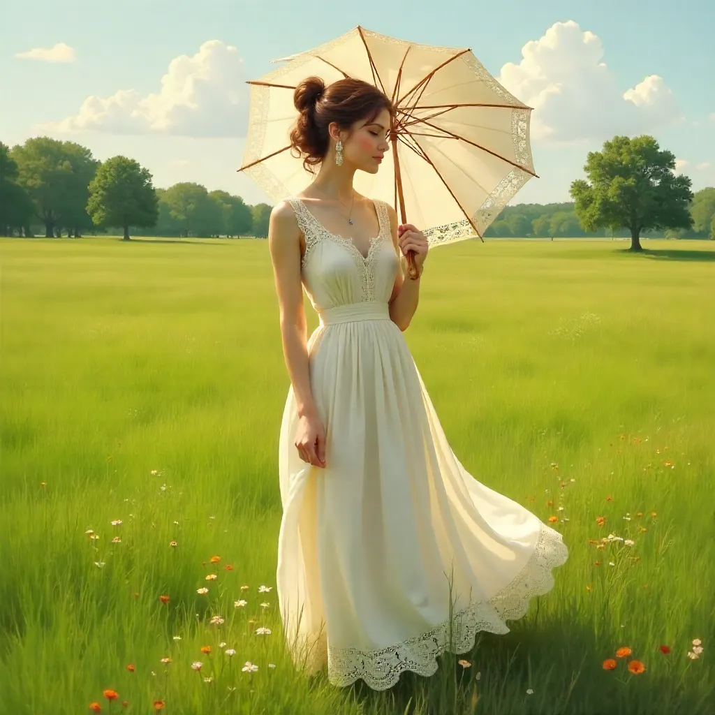 Elegant Portrait of a Woman in White Dress with Parasol
