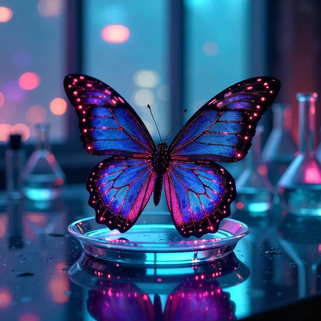 Neon Cyberpunk Butterfly in a Laboratory