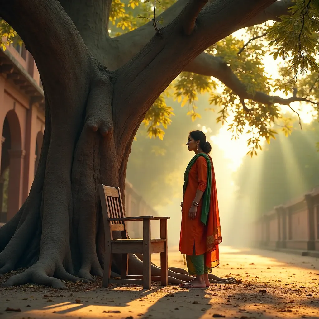 Woman by a Wooden Chair Under a Sprawling Tree in Delhi