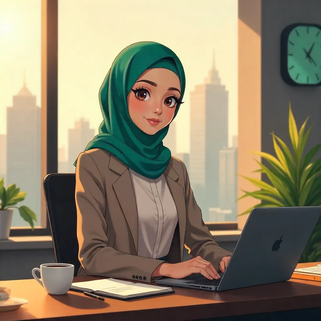 Anime Middle Eastern Woman in a Modern Workspace