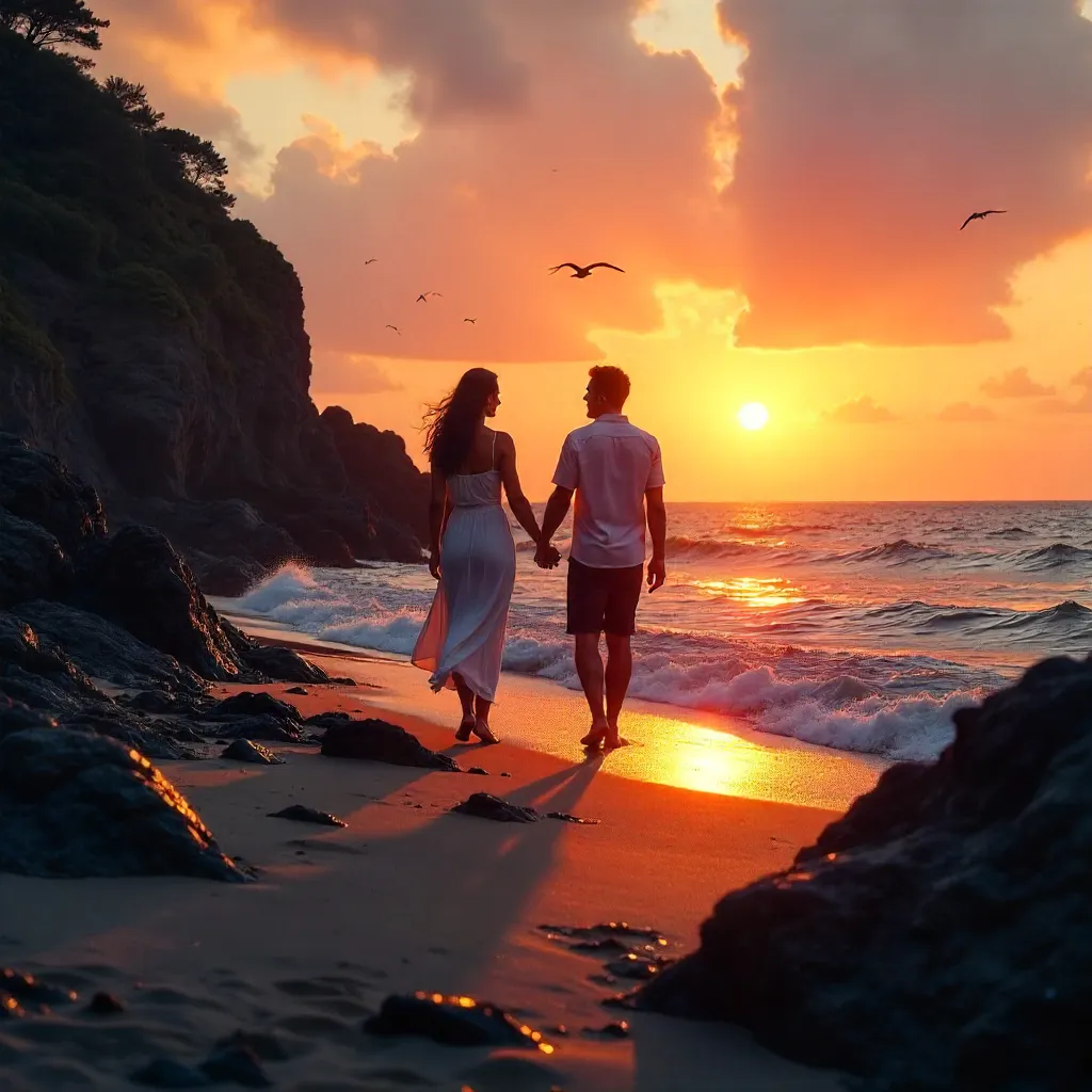 Romantic Sunset Stroll on Rocky Shore