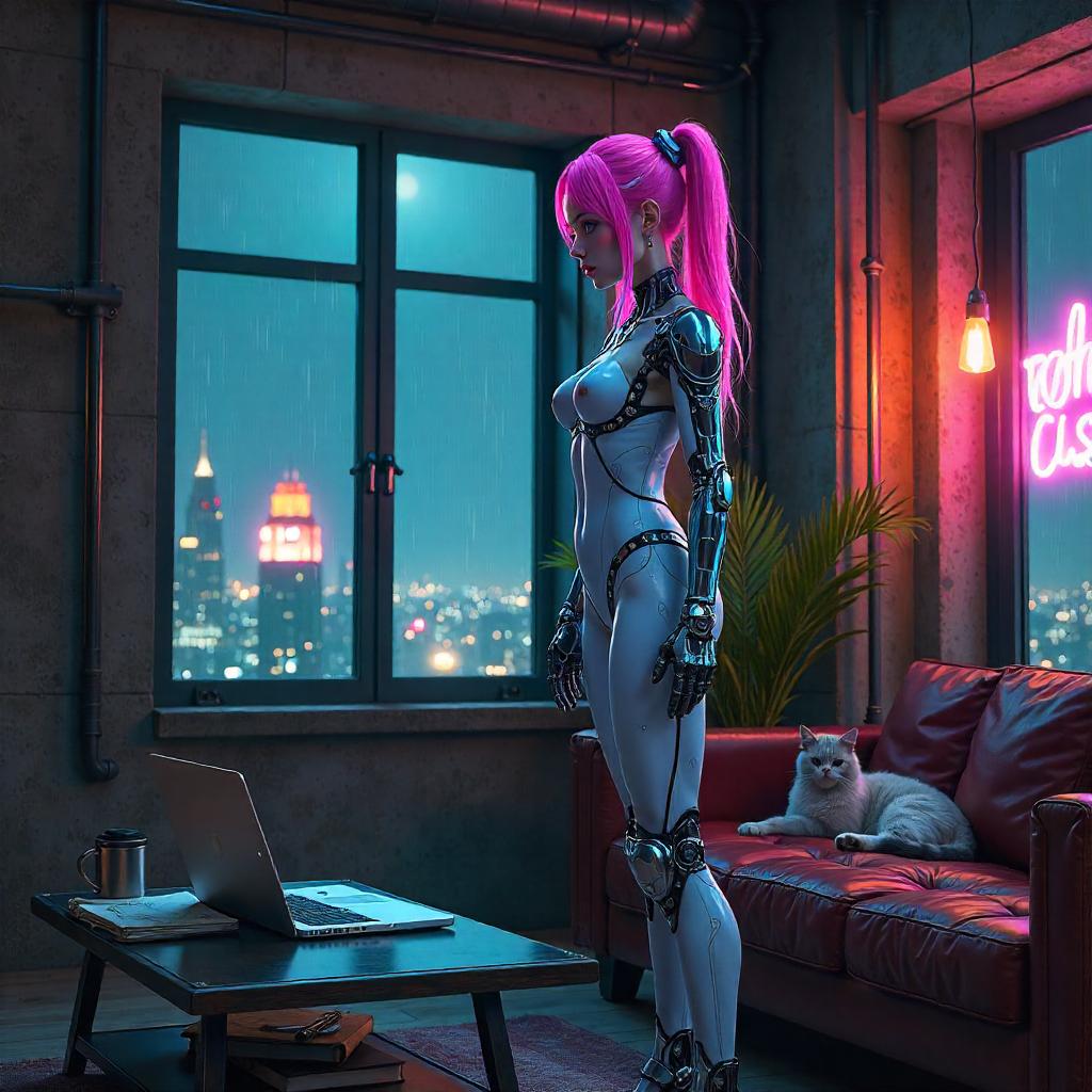 Cyborg in Neon Loft – Anime Cyberpunk Night