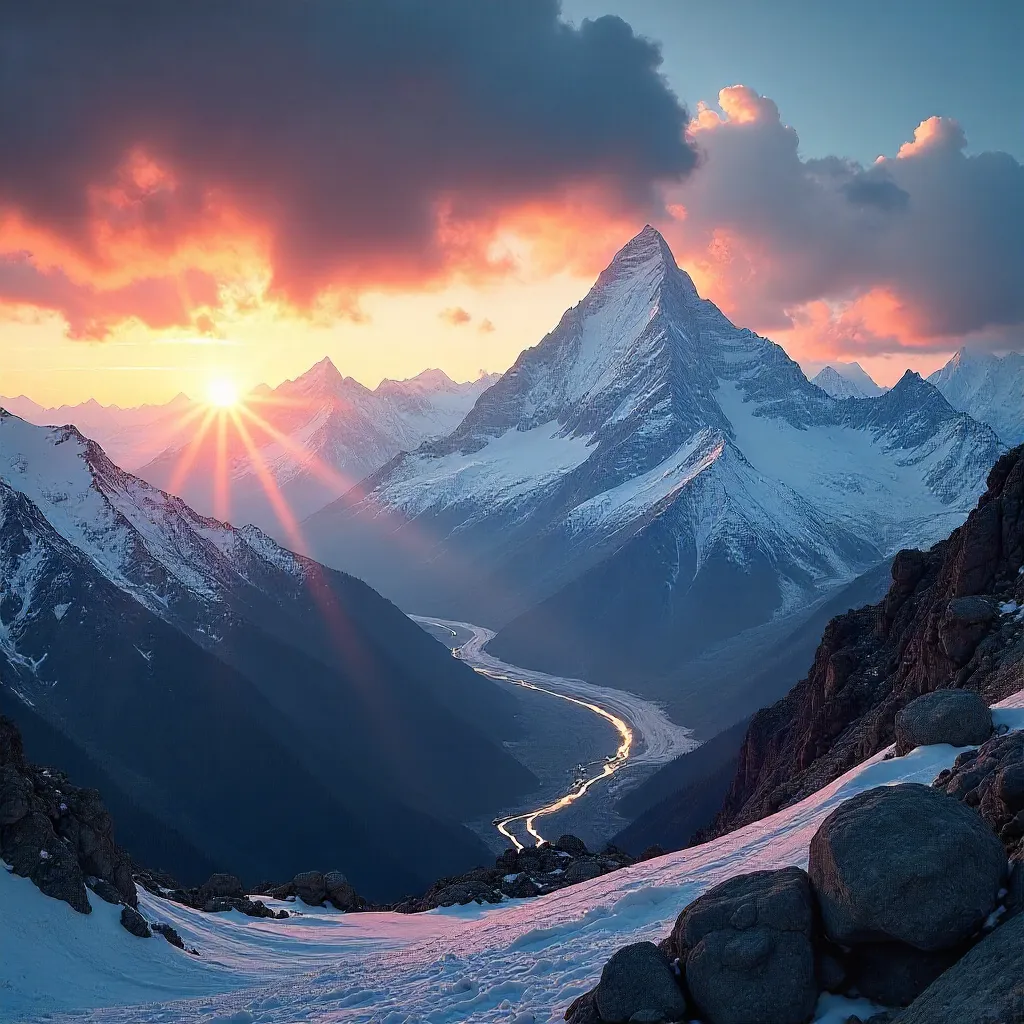 Dawn over Nepal's Himalayan Peaks with Dramatic Clouds