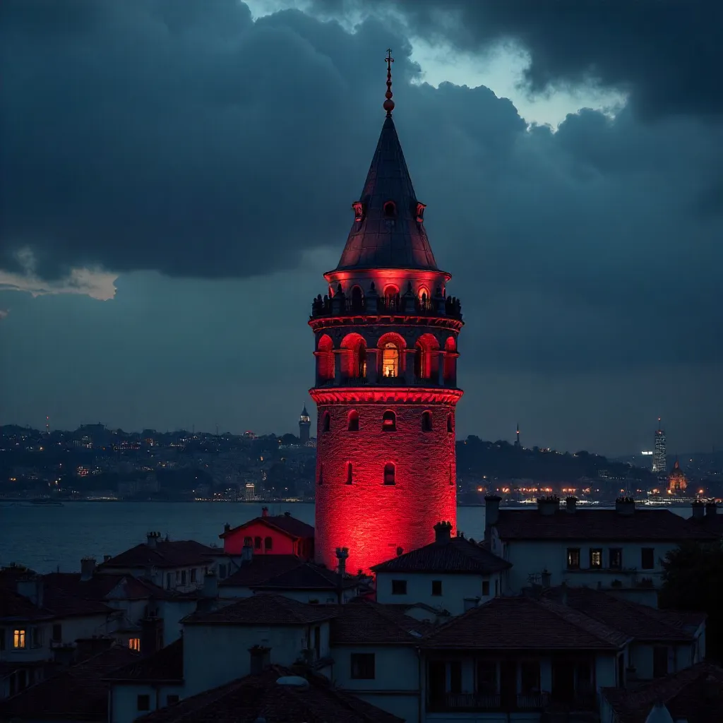 Red Glow over Galata Tower at Night